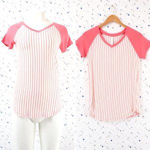 Short Sleeve Stripe Baseball Tee Coral Off White